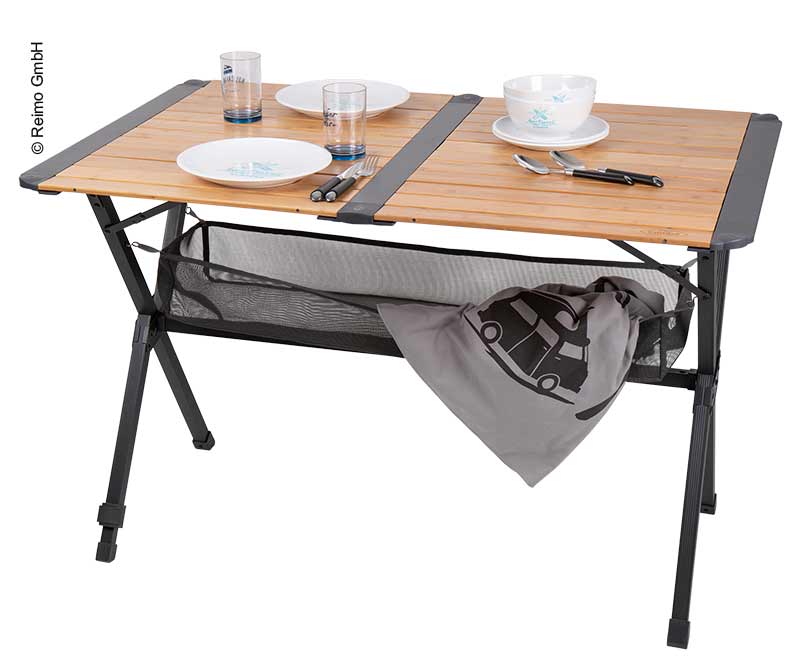 Bambus-Tisch mit Netz, Rolltisch, dunkles Aluminiumgestell